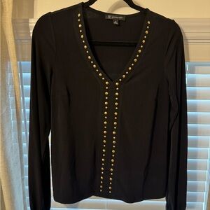 INC International Concepts Black Long-Sleeve V-Neck Top with Gold Stud Trim